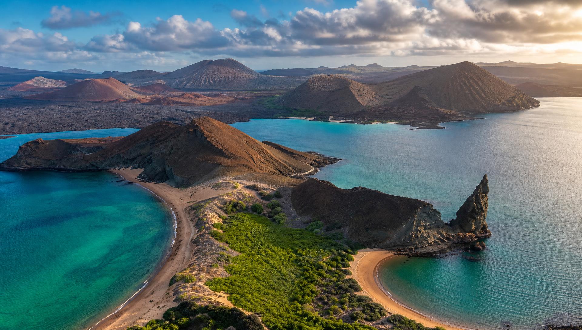 Aerial view of the Galápagos Islands from above, volcanic islands and turquoise ocean